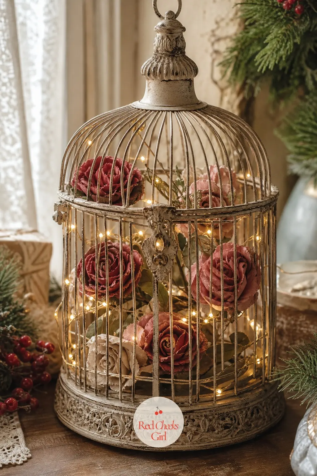 The Birdcage, Hung with Paper Roses — An old decorative birdcage, hung or set on a side table, holds a small bunch of faux paper roses instead of anything