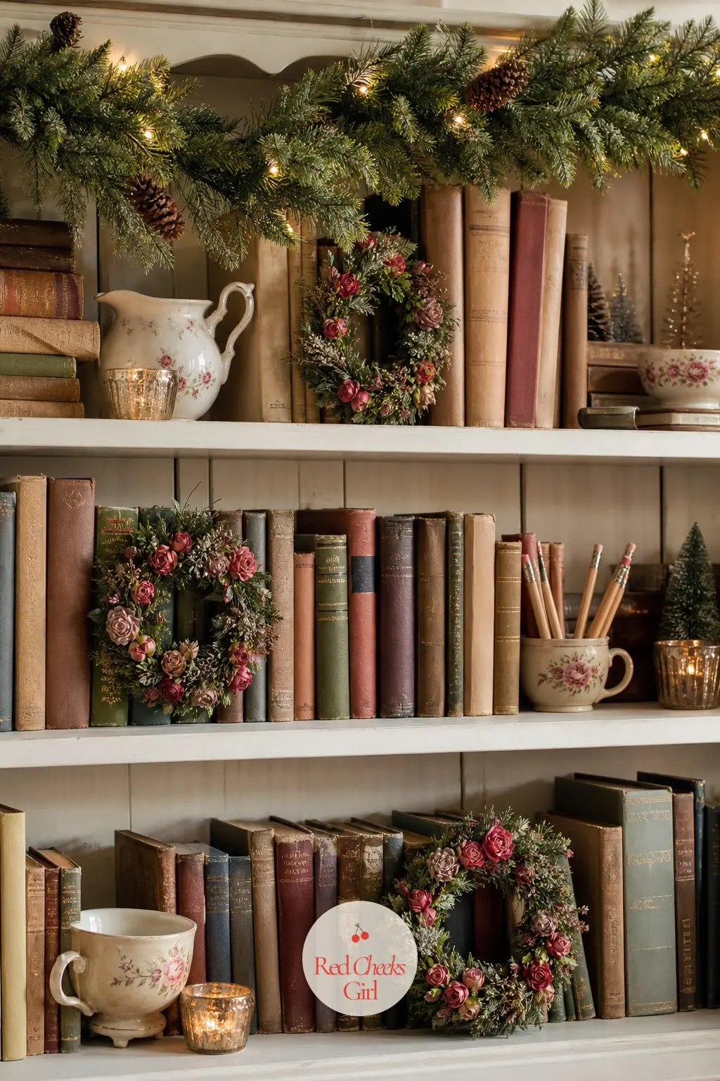 The Bookshelves — The bookshelves do not need a single new ornament, only small rosy wreaths tucked between the spines and a thin trail of faux greenery along