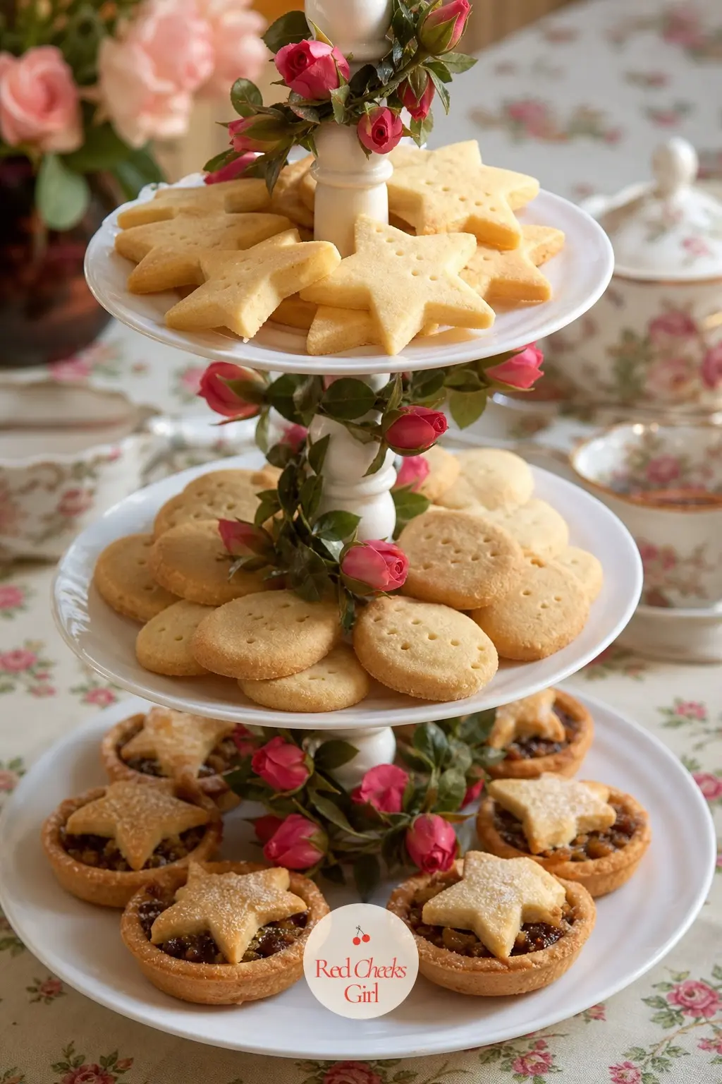 The Cake Stand, Tiered in Rosebuds and Shortbread — A tiered cake stand earns its keep twice over at Christmas: shortbread and mince pies on the lower tiers, a
