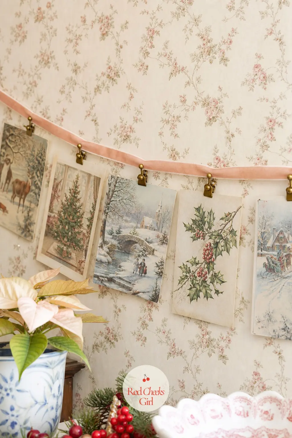 The Christmas Card Garland, Strung on Velvet Ribbon — Rather than propping cards on the mantel where they crowd the candlesticks, a length of velvet ribbon