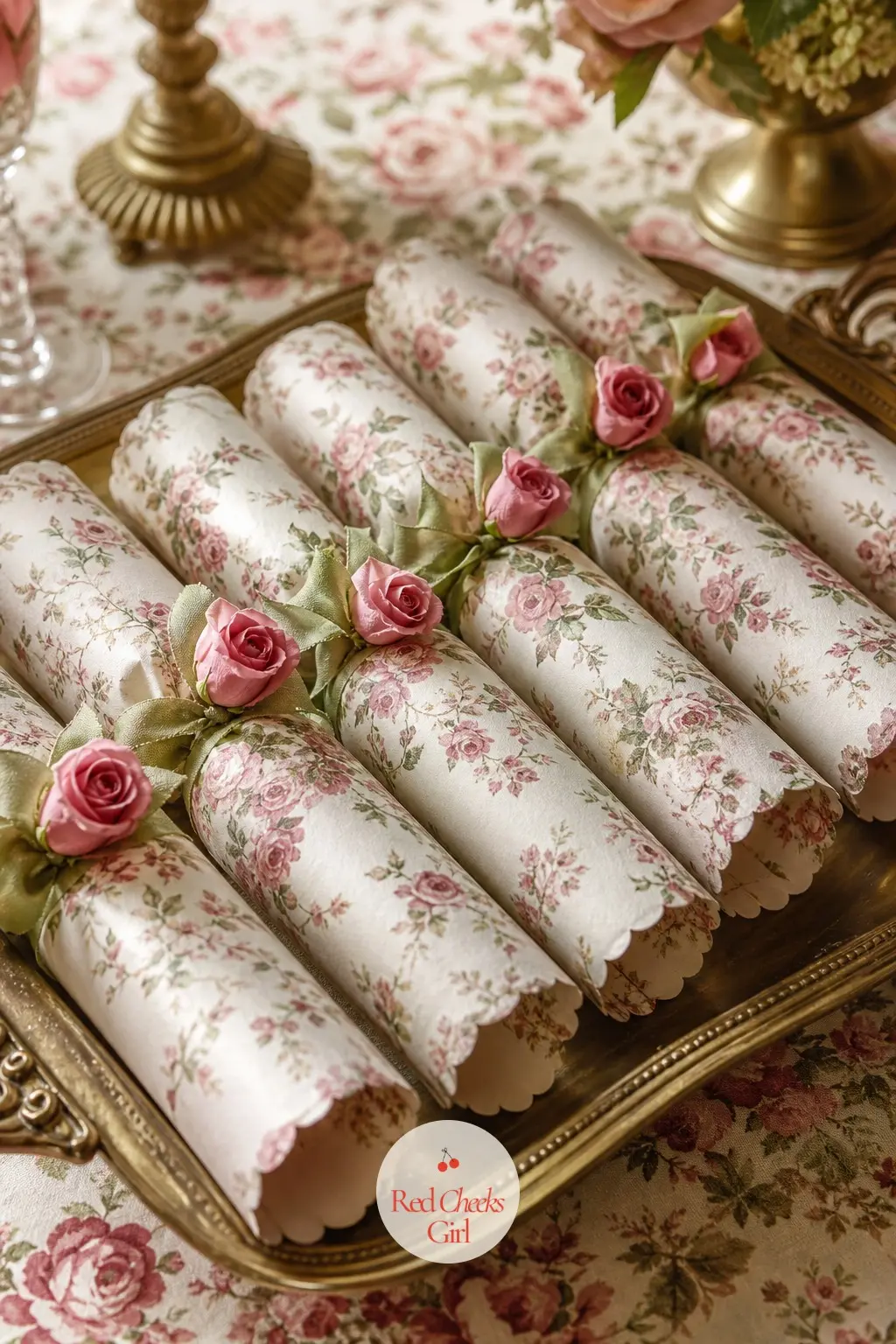 The Christmas Cracker Display, Tied in Rosebuds — Christmas crackers laid along a brass tray, each one tied with a tiny rosebud instead of the printed paper