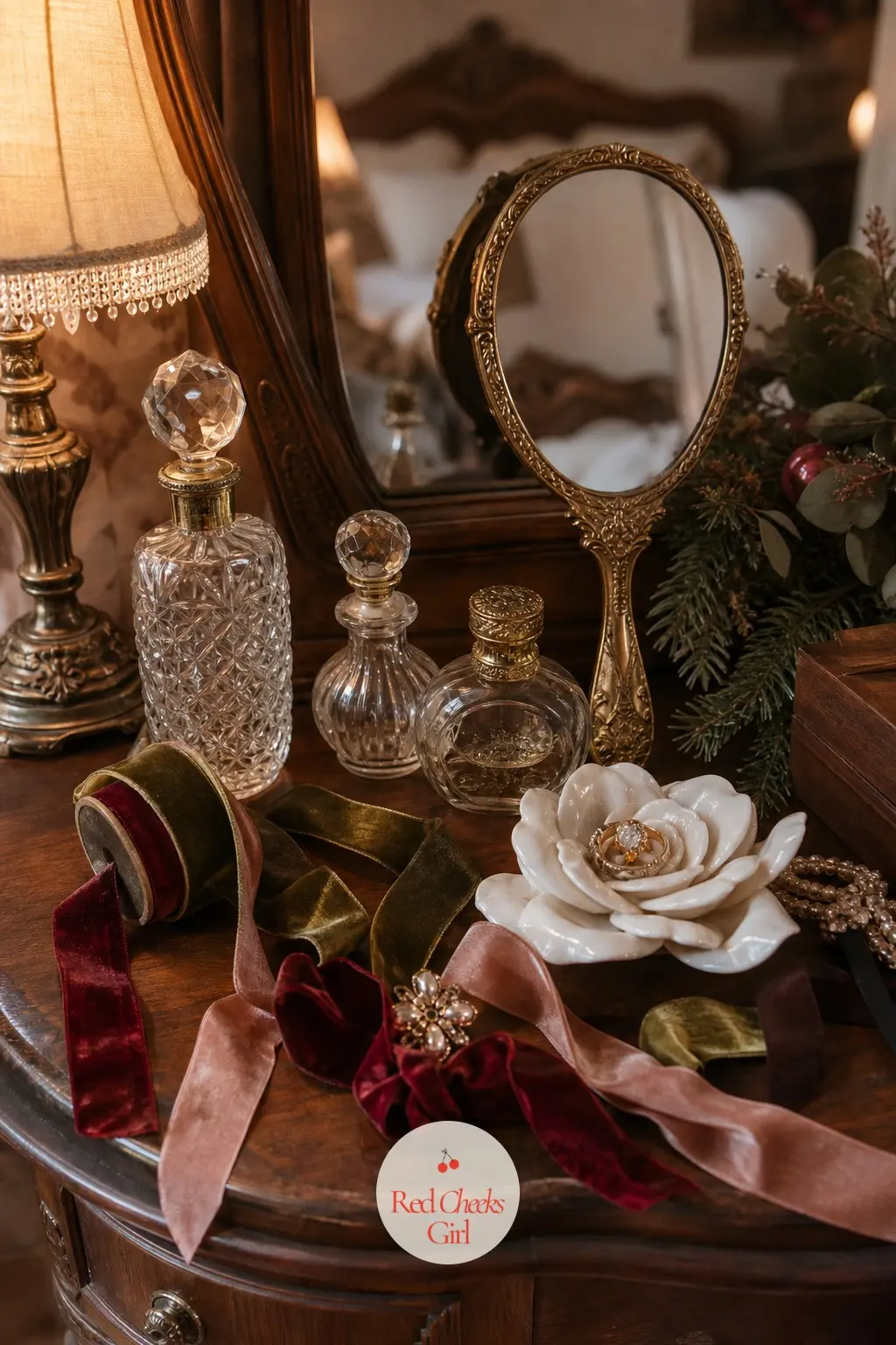 The Dressing Table, Scattered with Ribbon and Scent — A bedroom dressing table takes the theme in its smallest form: a ring dish shaped like a rose, a scatter