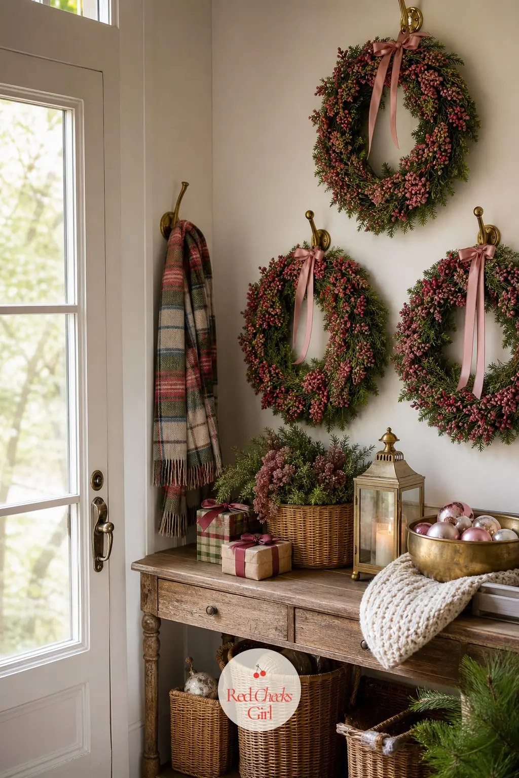 The Entryway Just Inside — Just inside the door, a small cluster of rosy wreaths on the wall does the welcoming instead of one large one on the front door.