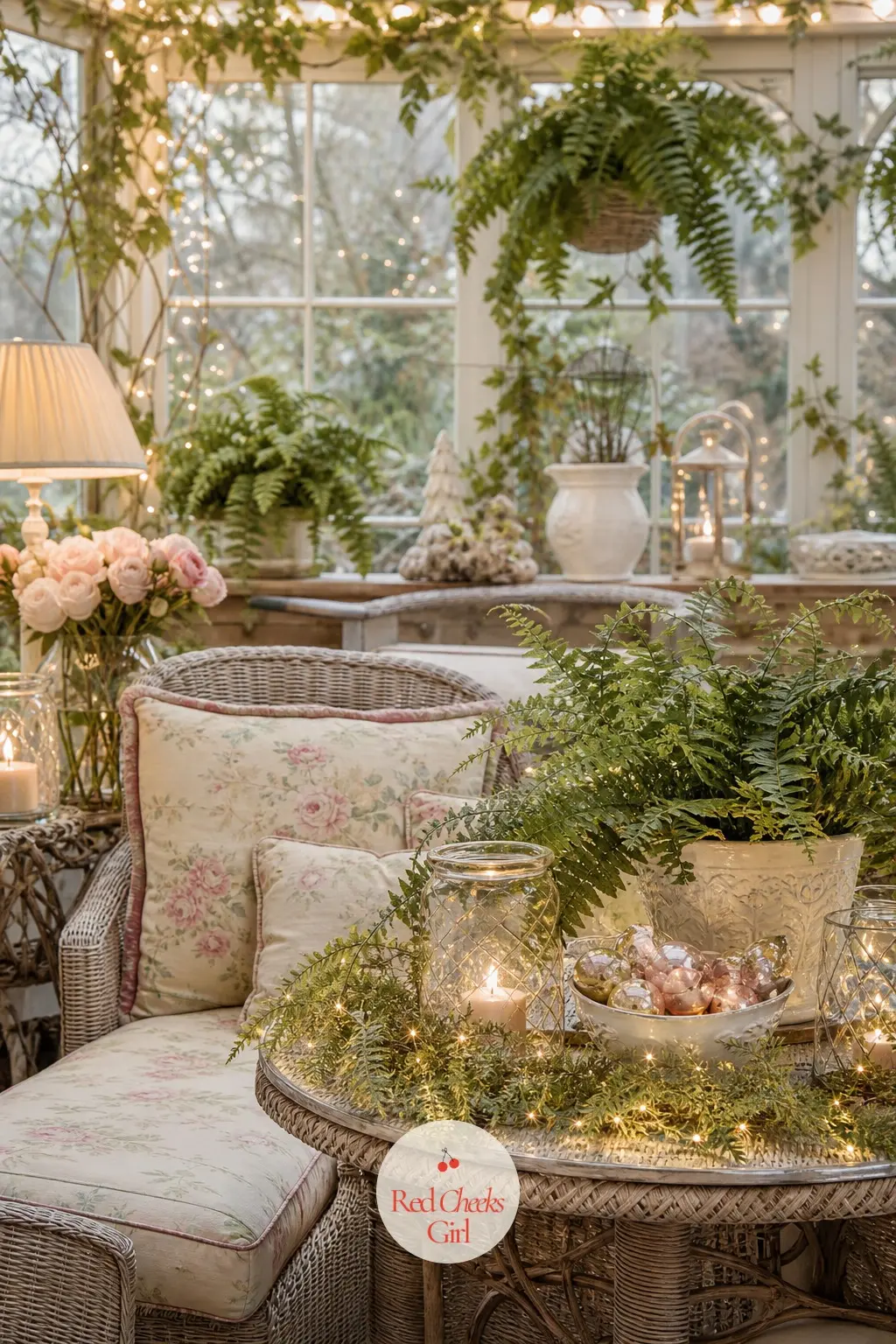 The Garden Room, Pale and Pretty with Ferns and Fairy Lights — A garden room or conservatory, if the cottage has one, takes the theme at its palest: faux ferns
