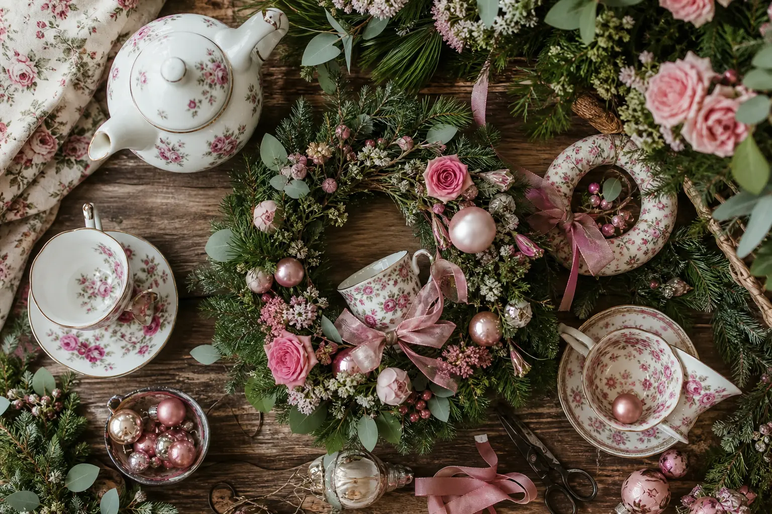 22 Cottage Christmas Decor Ideas With Floral Chintz, Teacups and Rosy Little Wreaths