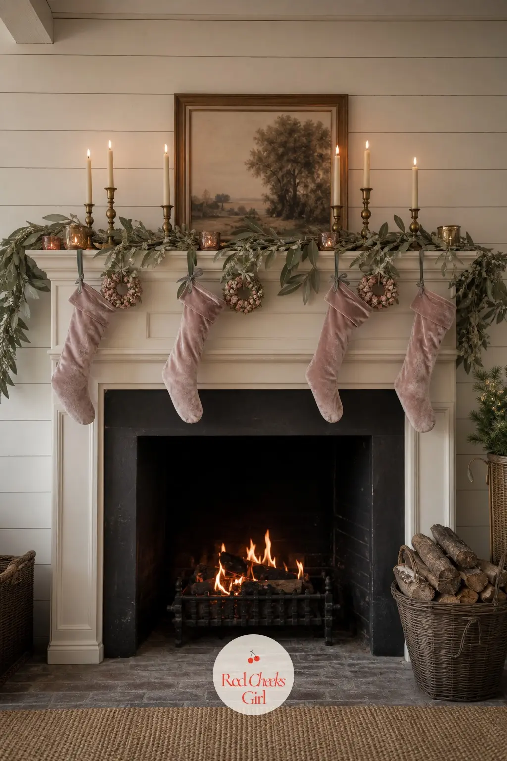 The Mantel and the Fireplace — The mantel is where the palette gets its say: brass candlesticks in a cluster, sage garland looped loosely rather than pinned