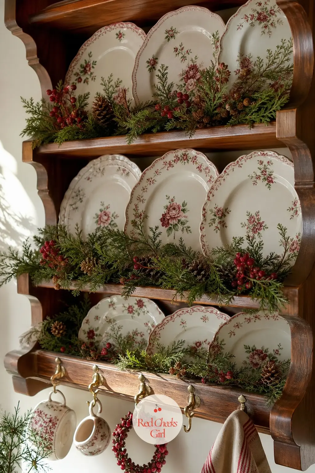 The Plate Rack, Filled with Greenery and China — A wall-mounted plate rack is a proper English cottage fixture, and at Christmas it holds the same floral