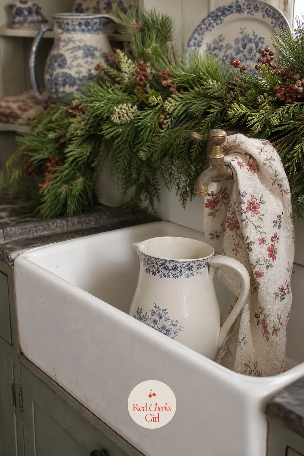 The Scullery Sink, Banked in Greenery and China — The old scullery sink, or whatever stands in for it, gets a bank of greenery along the back edge and an