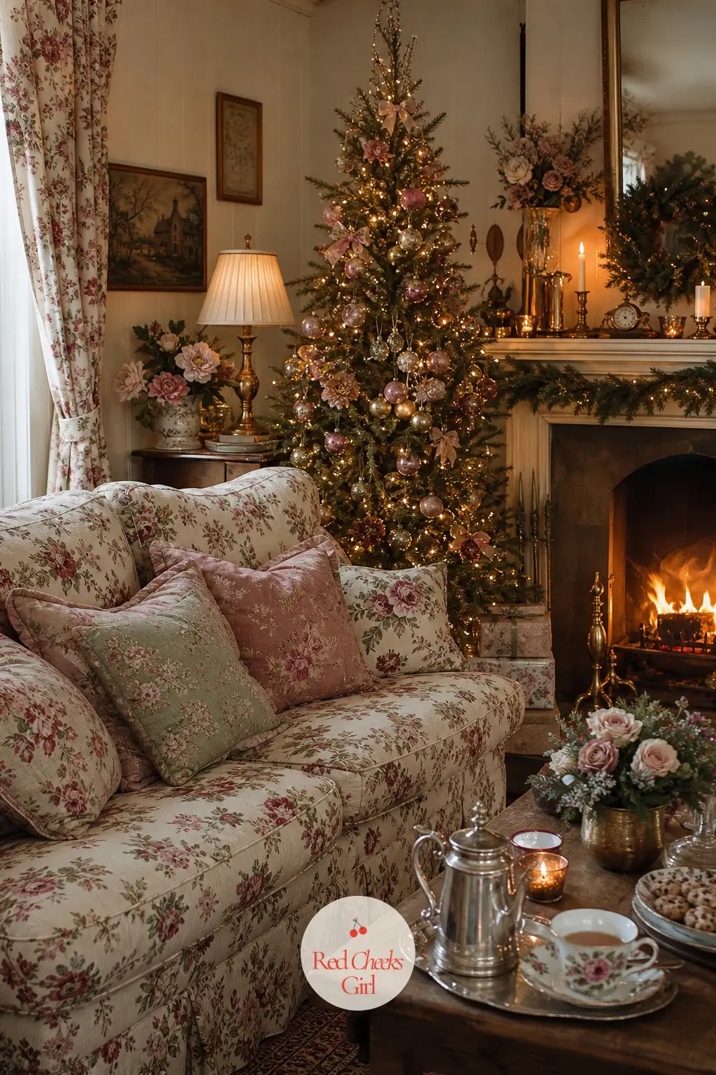 The Sitting Room, Wide in Chintz and Candlelight — The sitting room carries the whole theme in one glance: a slim tree dressed in brass and blush, a
