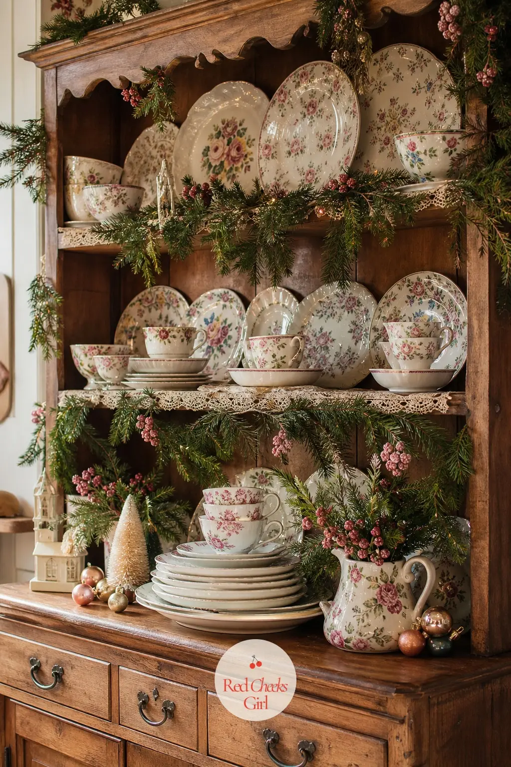 The Welsh Dresser, Stacked in Chintz China — Every cottage kitchen has a dresser doing double duty as storage and decoration, and at Christmas it just leans