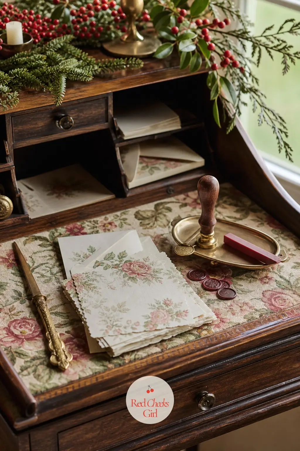 The Writing Desk, Dressed for Cards and Correspondence — A small writing desk, if the cottage has one, becomes the place Christmas cards get written rather