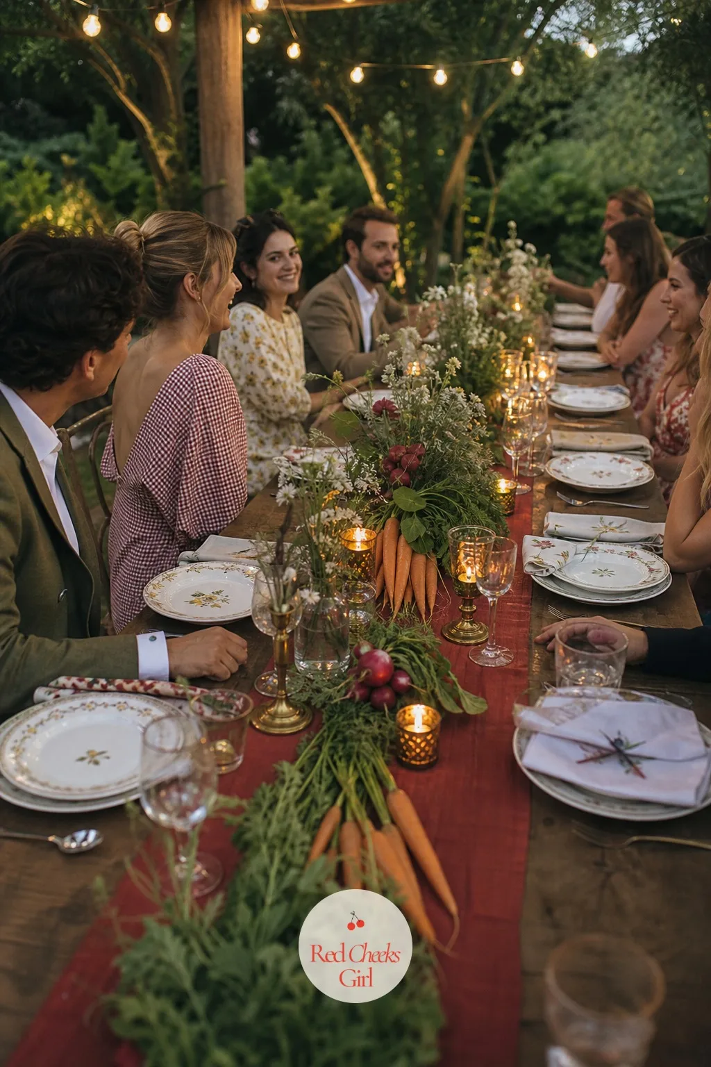 Carrot, Radish and Herb Centerpieces — A vase of cut flowers down the middle of a long table is lovely and also exactly what every other wedding does.