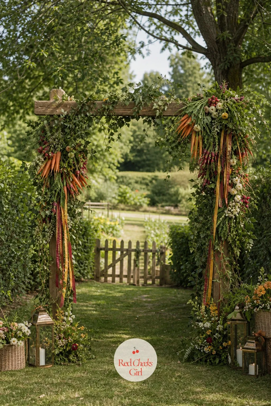 The Flower-and-Vegetable Arch — An arch that is only flowers can look borrowed from somebody else's Pinterest board. Cottagecore wedding