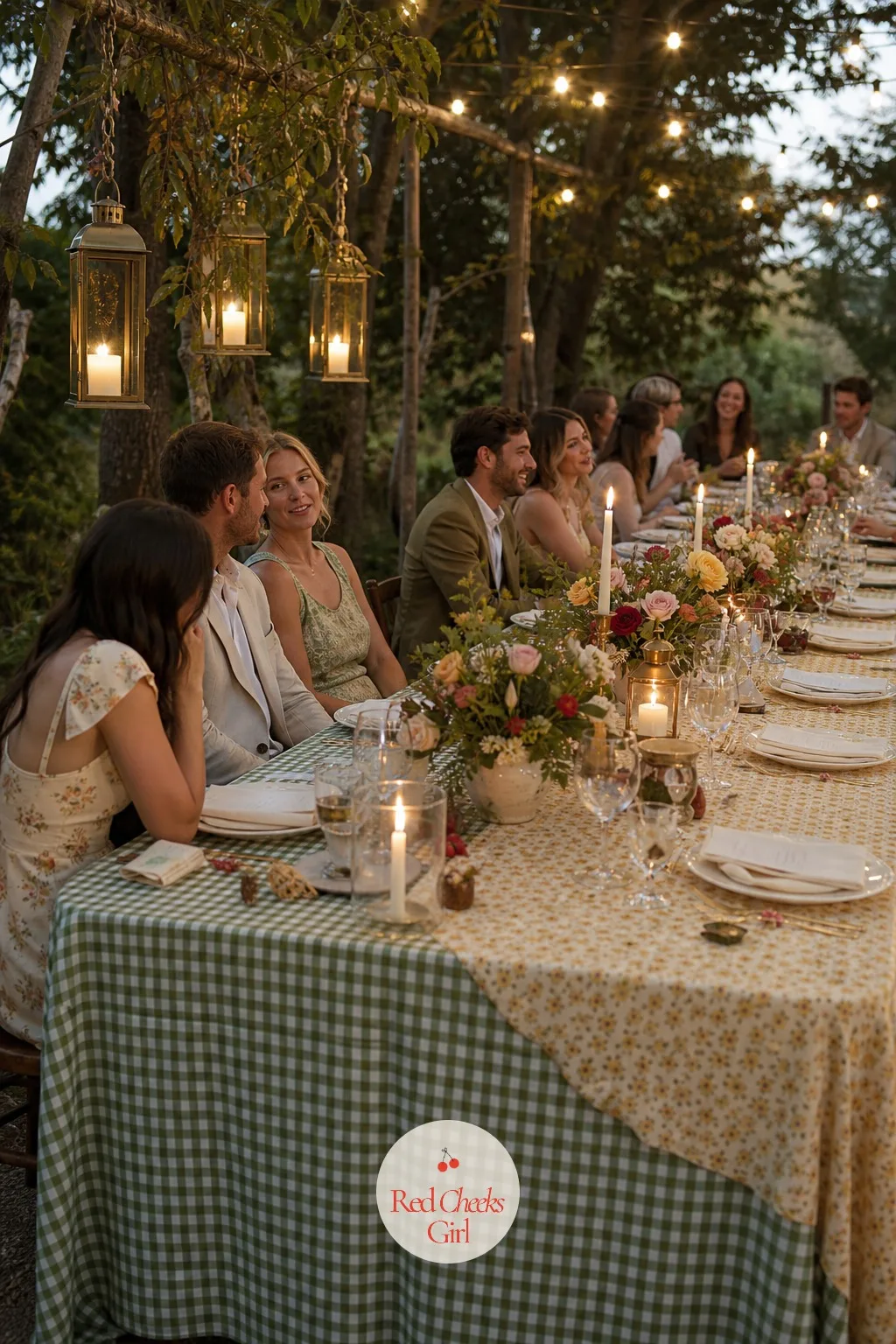 Gingham-and-Floral Tablecloths — A single long run of table feels formal fast if it's dressed in plain white. Cottagecore wedding