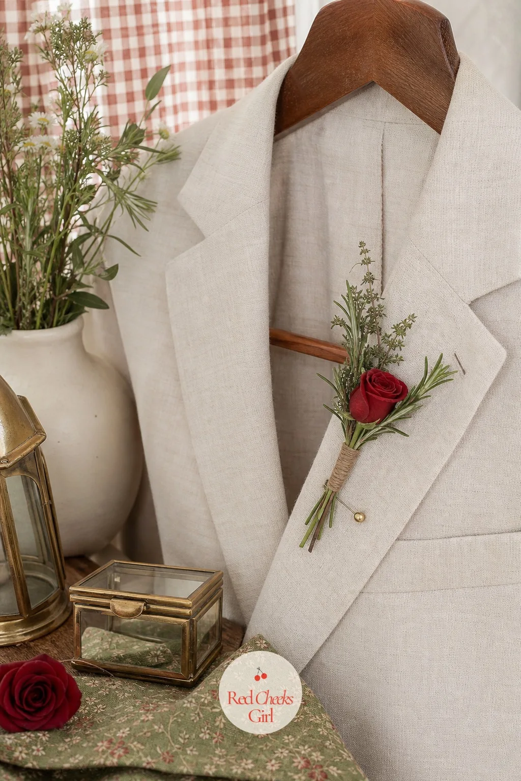 The Herb Sprig Boutonniere — A single rose on a lapel looks correct and nothing more. Cottagecore wedding