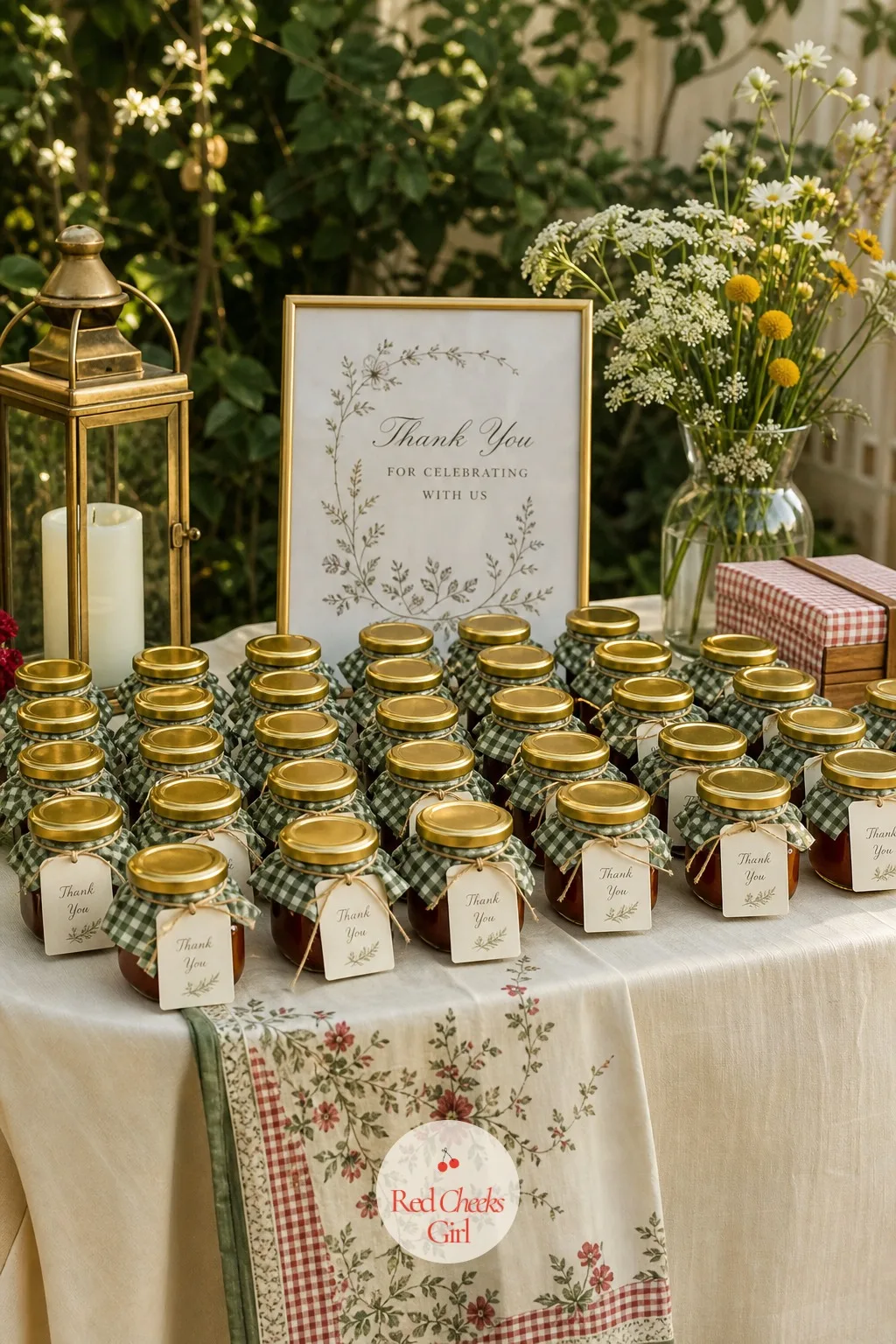 The Jam Jar Favor Table — A table of identical branded gifts looks like a corporate event. Cottagecore wedding