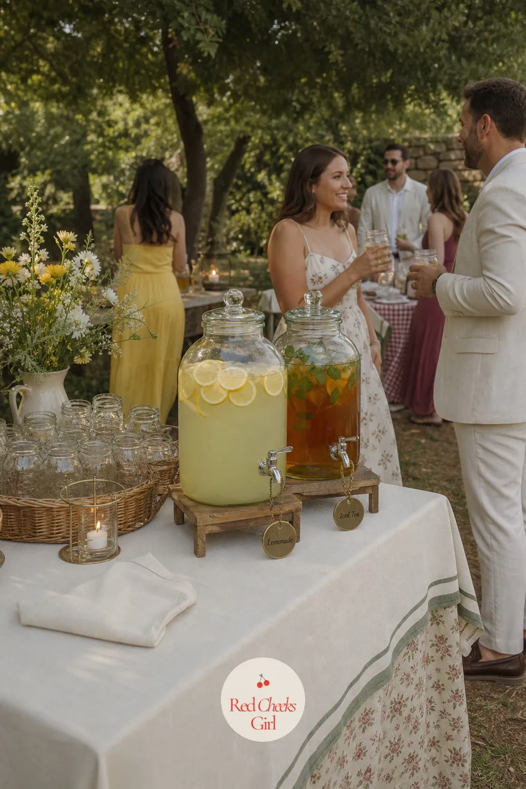The Lemonade and Iced Tea Station — A single drinks table with plain pitchers looks like an afterthought next to a table full of pie. Cottagecore wedding
