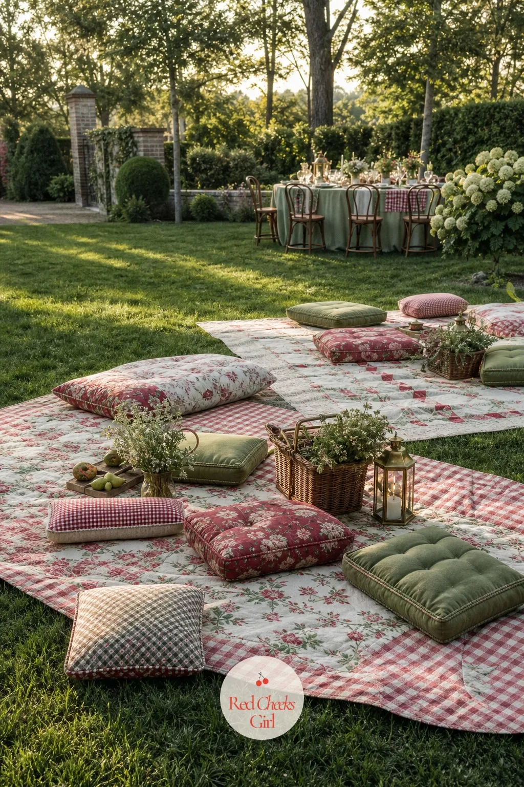 Picnic Quilts on the Lawn — Standing around with a drink for an hour wears anyone out. Cottagecore wedding
