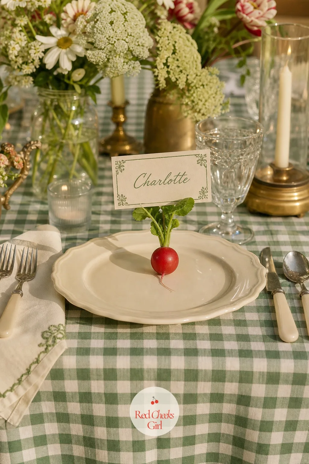 Radish-Top Place Cards — Printed place cards on a stand look fine and say nothing about the theme. Cottagecore wedding