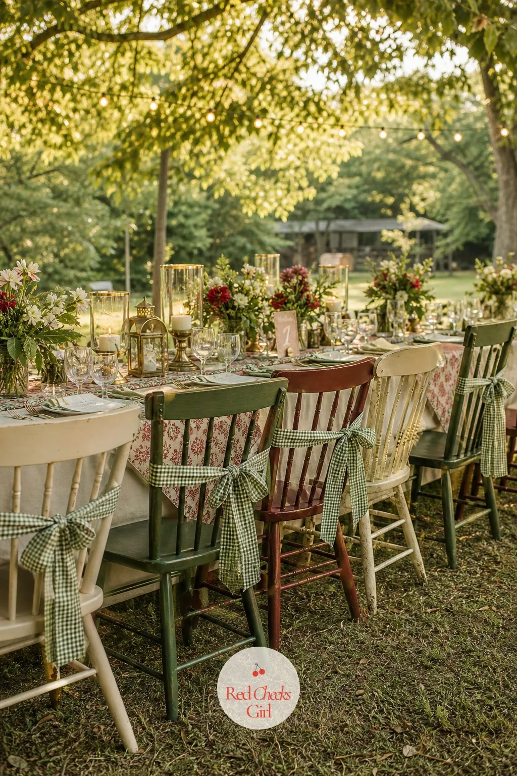 Ribbon-Tied Mismatched Chairs — A row of identical rental chairs looks efficient, not charming. Cottagecore wedding