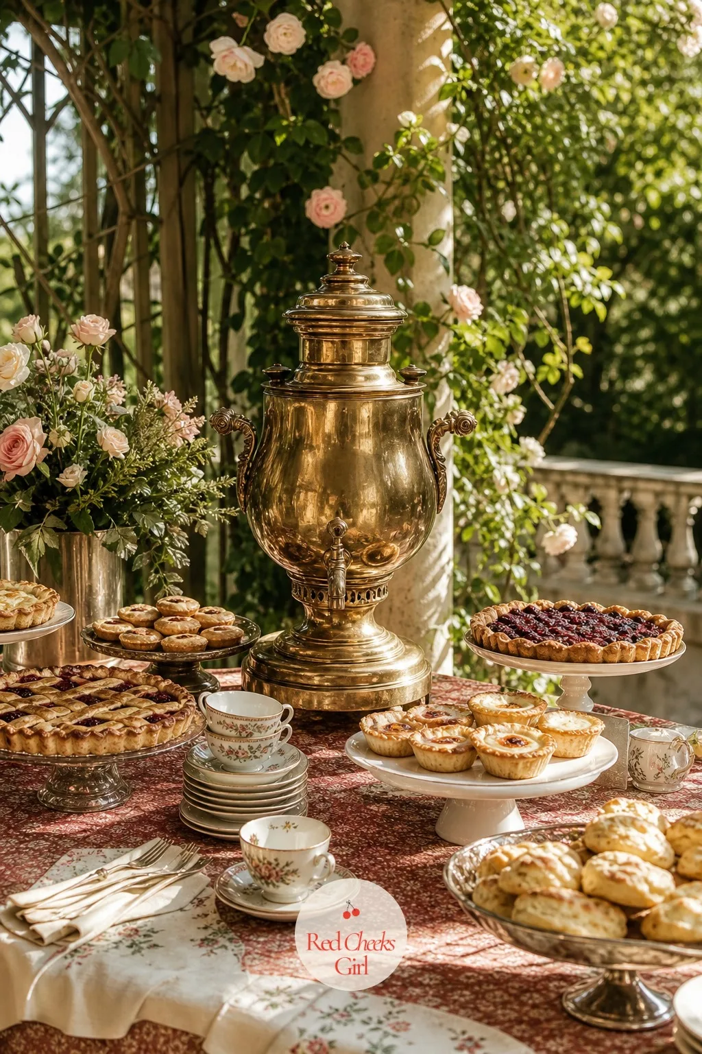 The Tea Urn Loaded with Pies and Pastries — A dessert table of small plated portions looks tidy and a little stingy. Cottagecore wedding