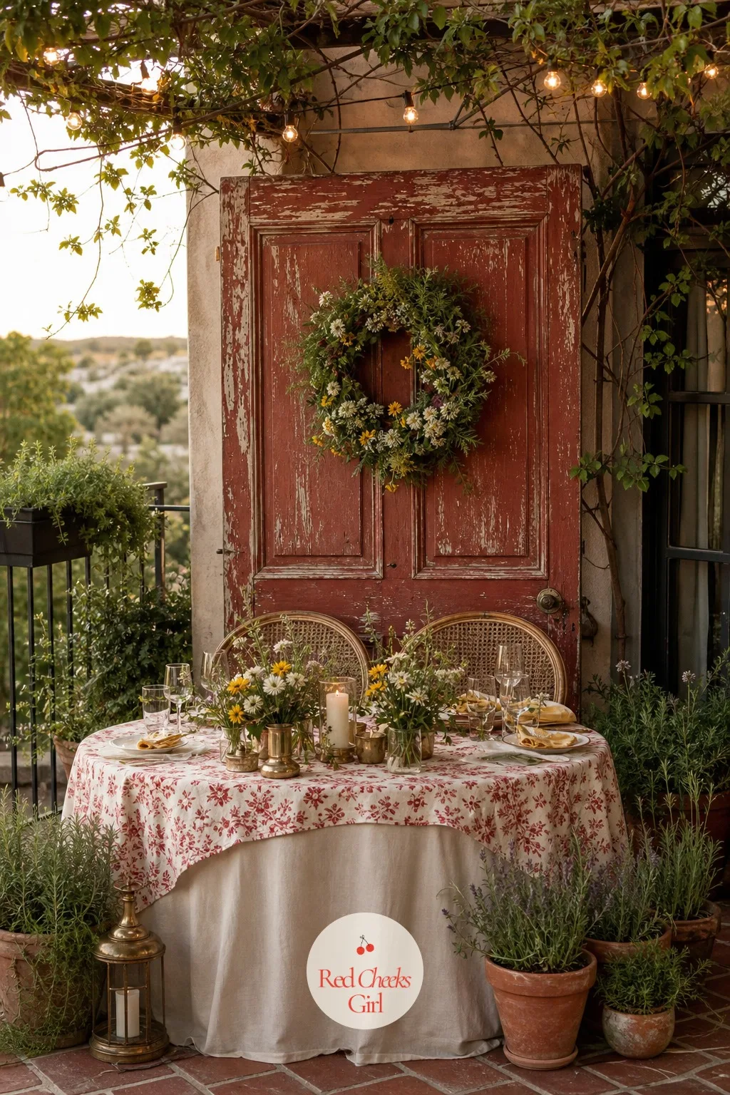 The Vintage Door Backdrop — A sweetheart table against a bare wall photographs flat. Cottagecore wedding