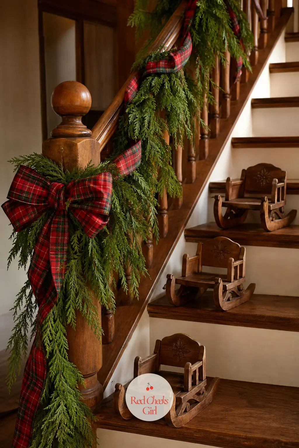 A Banister Dressed In Cedar, Plaid Ribbon And A Line Of Carved Sleds — Nine feet of cedar garland covers a standard banister run, wound loosely so it drapes