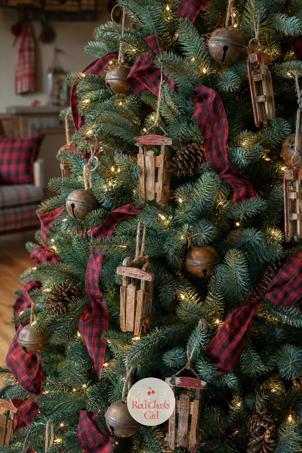 A Blue Spruce Trimmed In Plaid, Bronze Bells And Tiny Carved Sleds — Hang the plaid ribbon in loose loops rather than a tight spiral, then tuck wooden sled