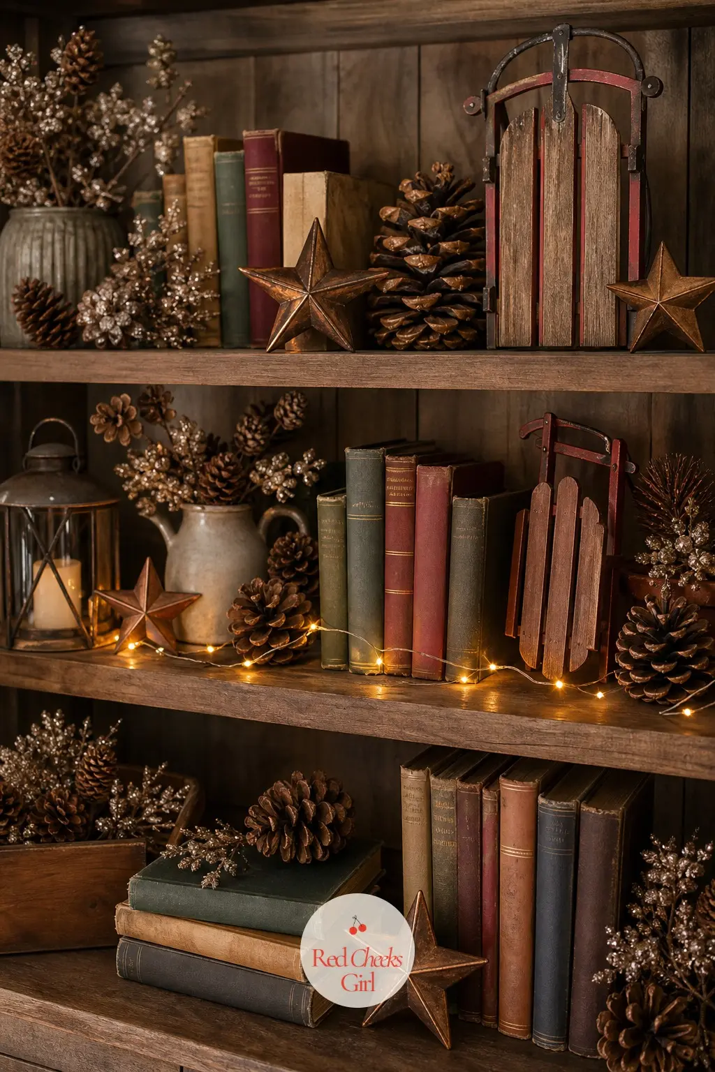 The Bookshelves Lined With Pinecones, Bronze Stars And Vintage Sleds — Bookshelves get the smallest scale of every motif in the house: a few pinecone picks