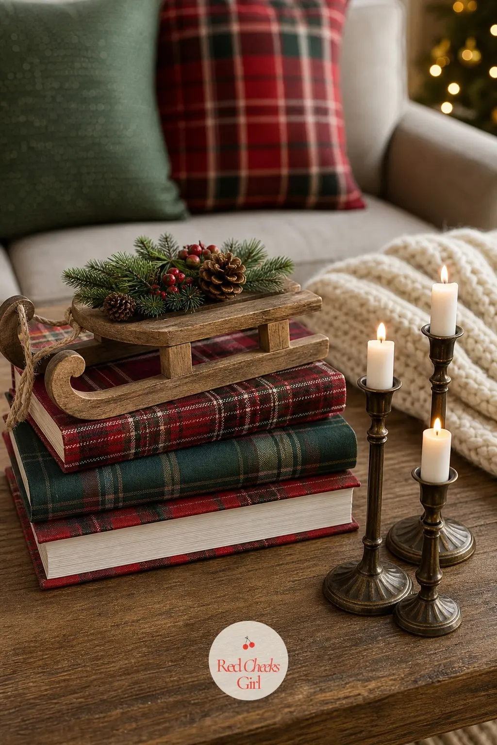 The Coffee Table Stacked With Plaid Books And A Carved Sled Tray — A stack of plaid covered books with a small wooden sled tray balanced on top turns the