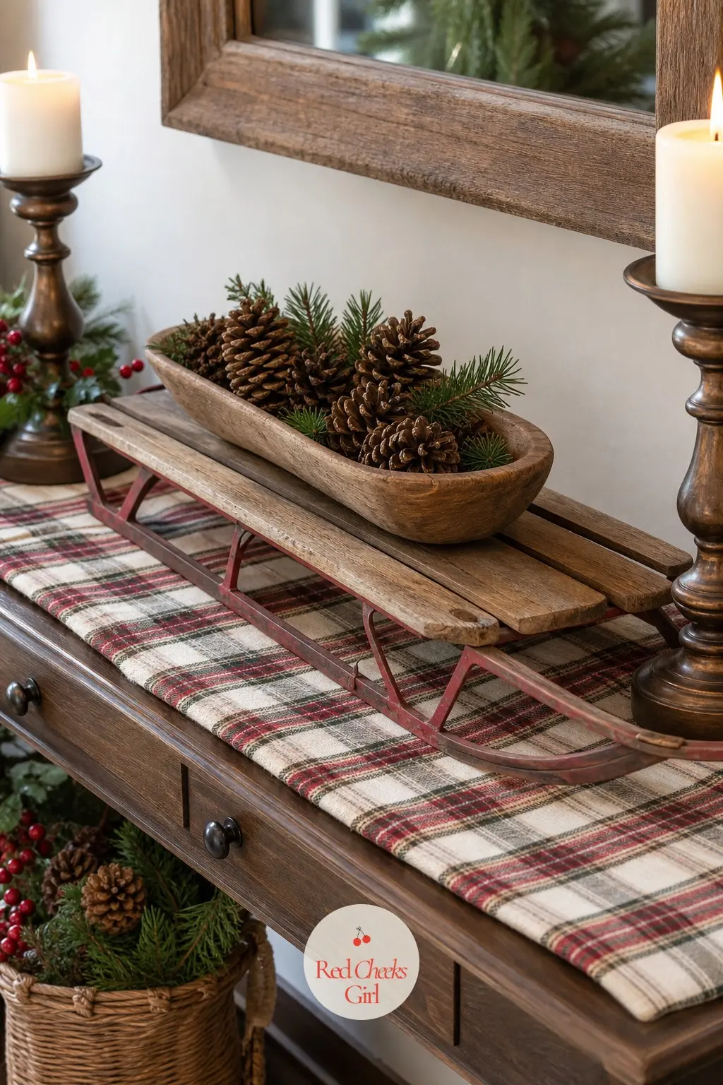 A Console Table Set With A Sled Runner And A Bowl Of Pinecones — The console just inside the door gets a plaid runner and a wooden decorative sled laid flat