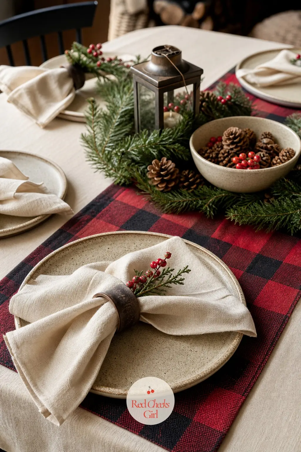 A Cream Cloth, Plaid Runner And Stoneware Layered Beneath Every Plate — Start with a cream cloth, then a plaid runner down the centre, and let the stoneware