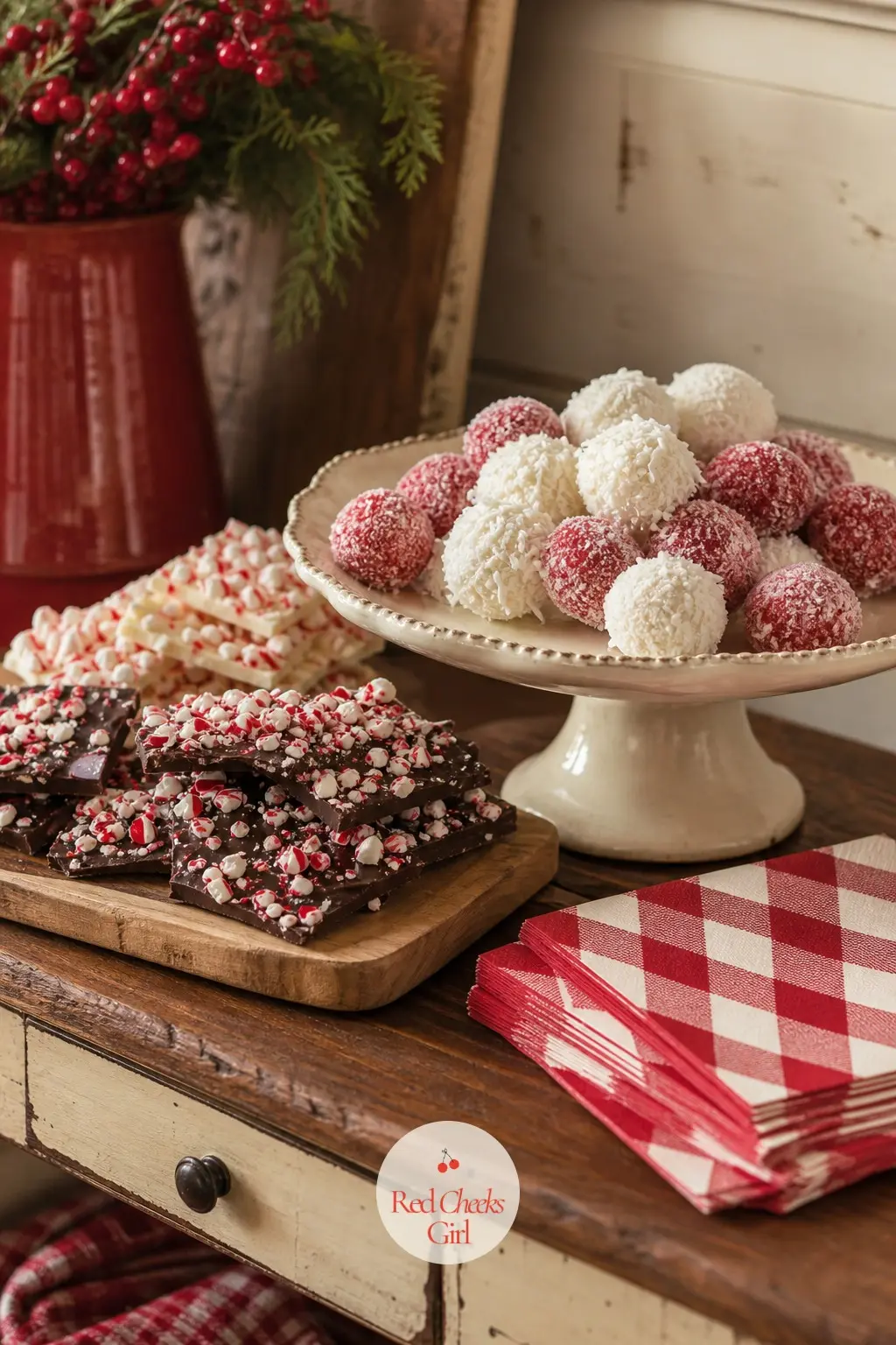 A Dessert Table In Barn Red And Cream, Stacked With Sugared Treats — Set desserts on a cream cake stand and a wooden board side by side, so the sweets