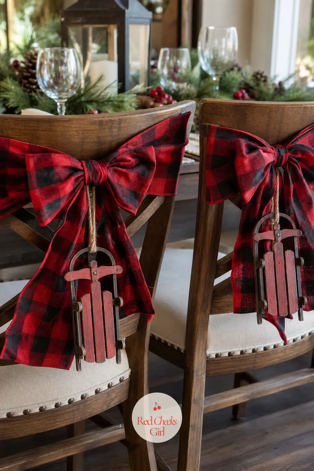 The Dining Chairs Tied With Plaid Bows And A Mini Sled Charm — Six chairs around the table each get a plaid bow tied to the chair back, with a tiny wooden sled