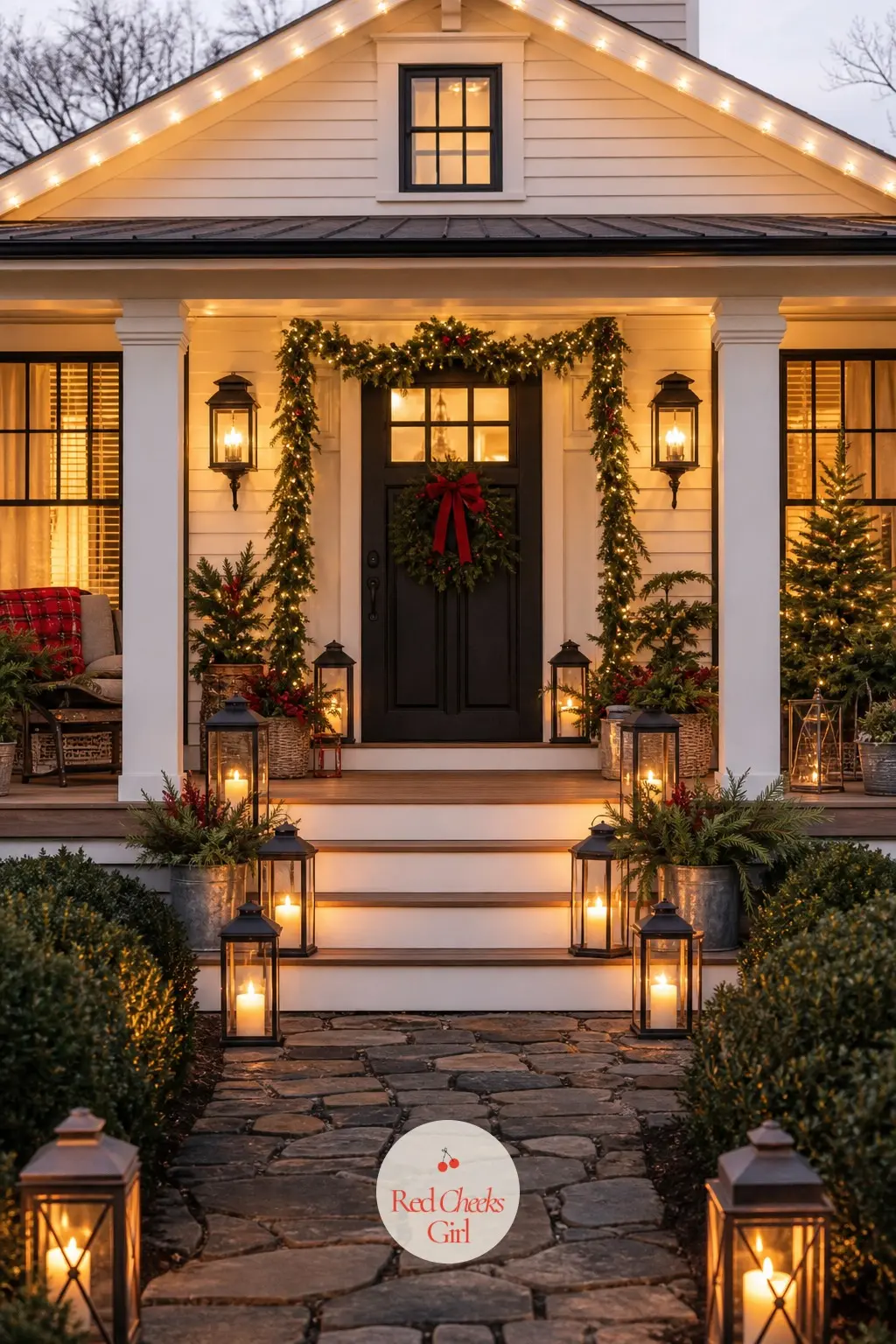 The Facade Lit Warm White With Lanterns Down Every Step — Warm white string lights along the roofline, not cool white, keep the whole facade in the same colour