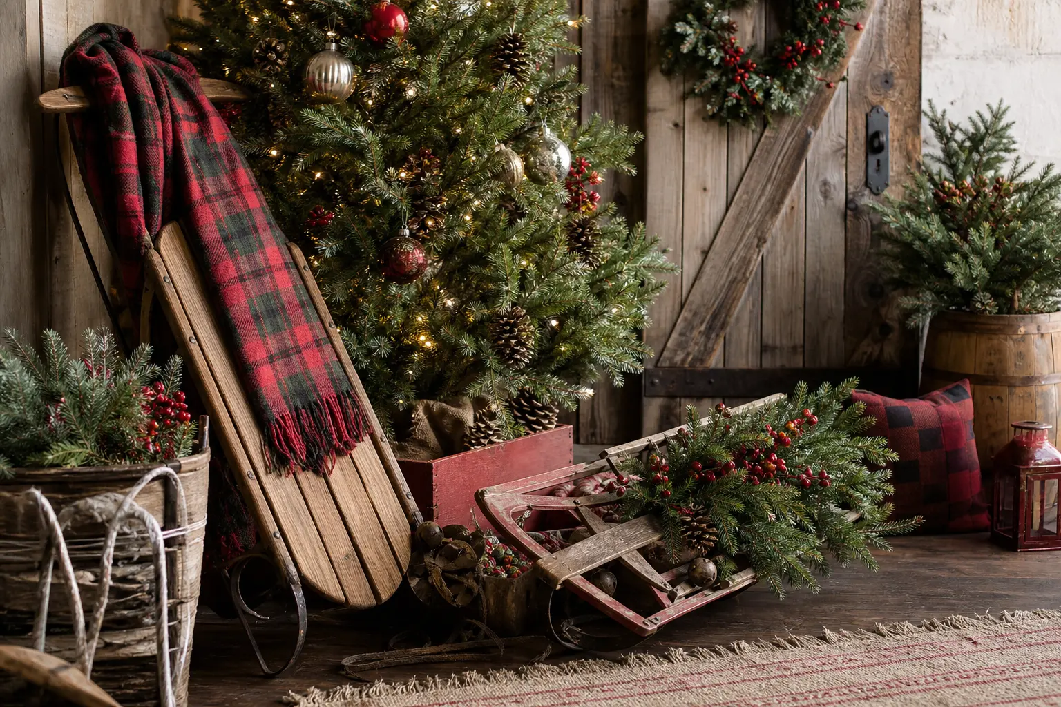 19 Country Christmas Decorations With Wooden Sleds, Plaid Throws and Barn-Door Charm