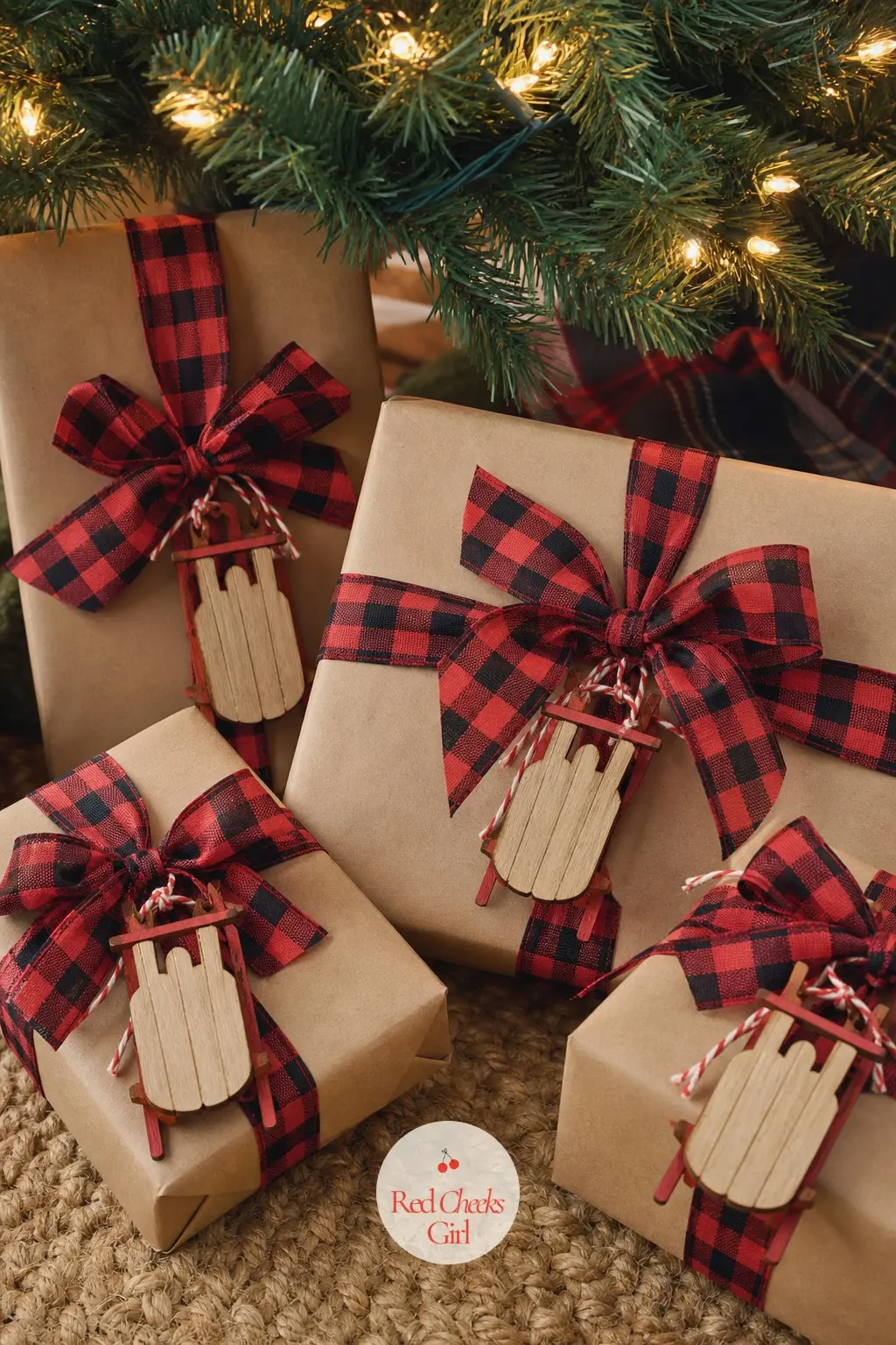 Gifts Wrapped In Kraft Paper, Plaid Ribbon And Miniature Sled Tags — Two rolls of kraft paper wrap every gift under the tree in the same warm neutral, so the
