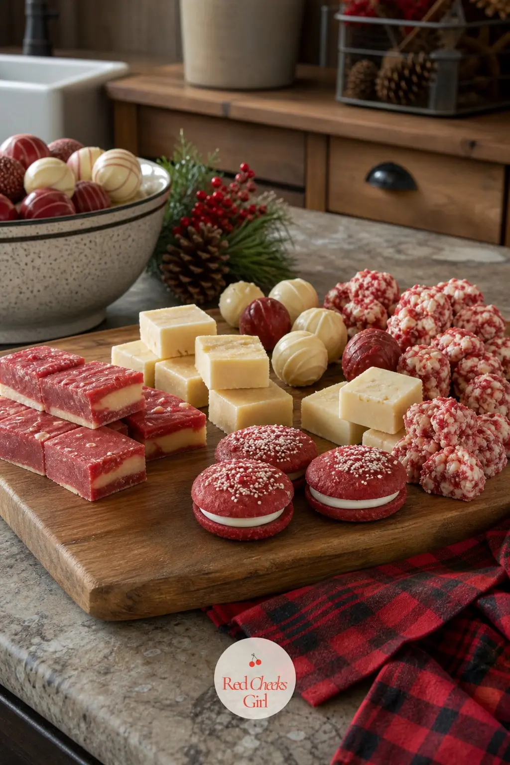 The Kitchen Island Holding A Board Of Barn Red And Cream Treats — The island stays mostly clear, with one wooden cutting board holding a small spread of barn