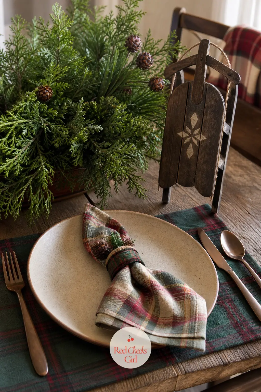 A Low Centerpiece Of Cedar And A Single Place Setting With A Carved Sled — Keep the centerpiece low, cedar and a few red berries in a shallow dish, so guests