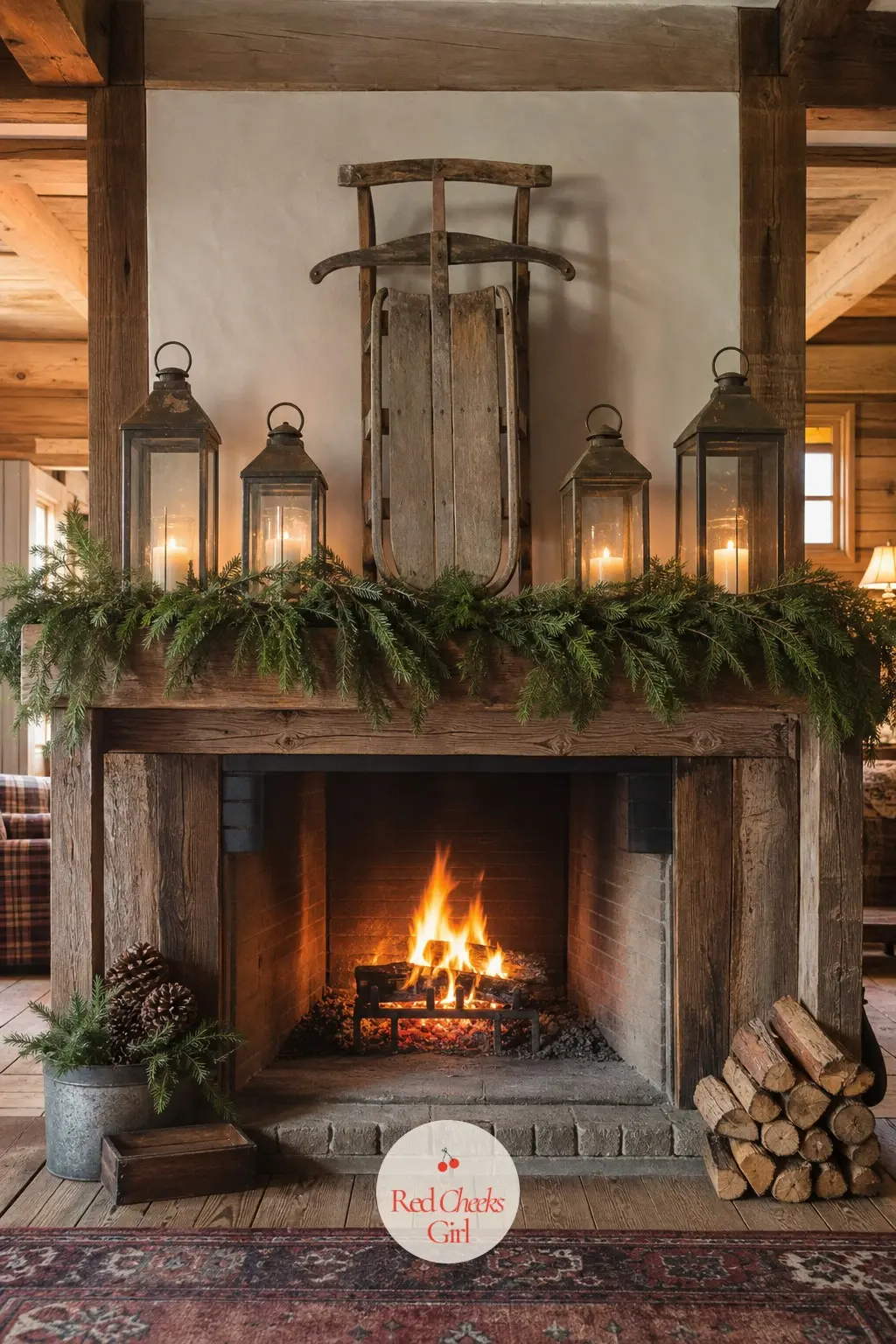 The Mantel Lined With Cedar, Lanterns And A Weathered Wood Sled — Lay the cedar along the mantel edge rather than piling it up, then set a small weathered wood