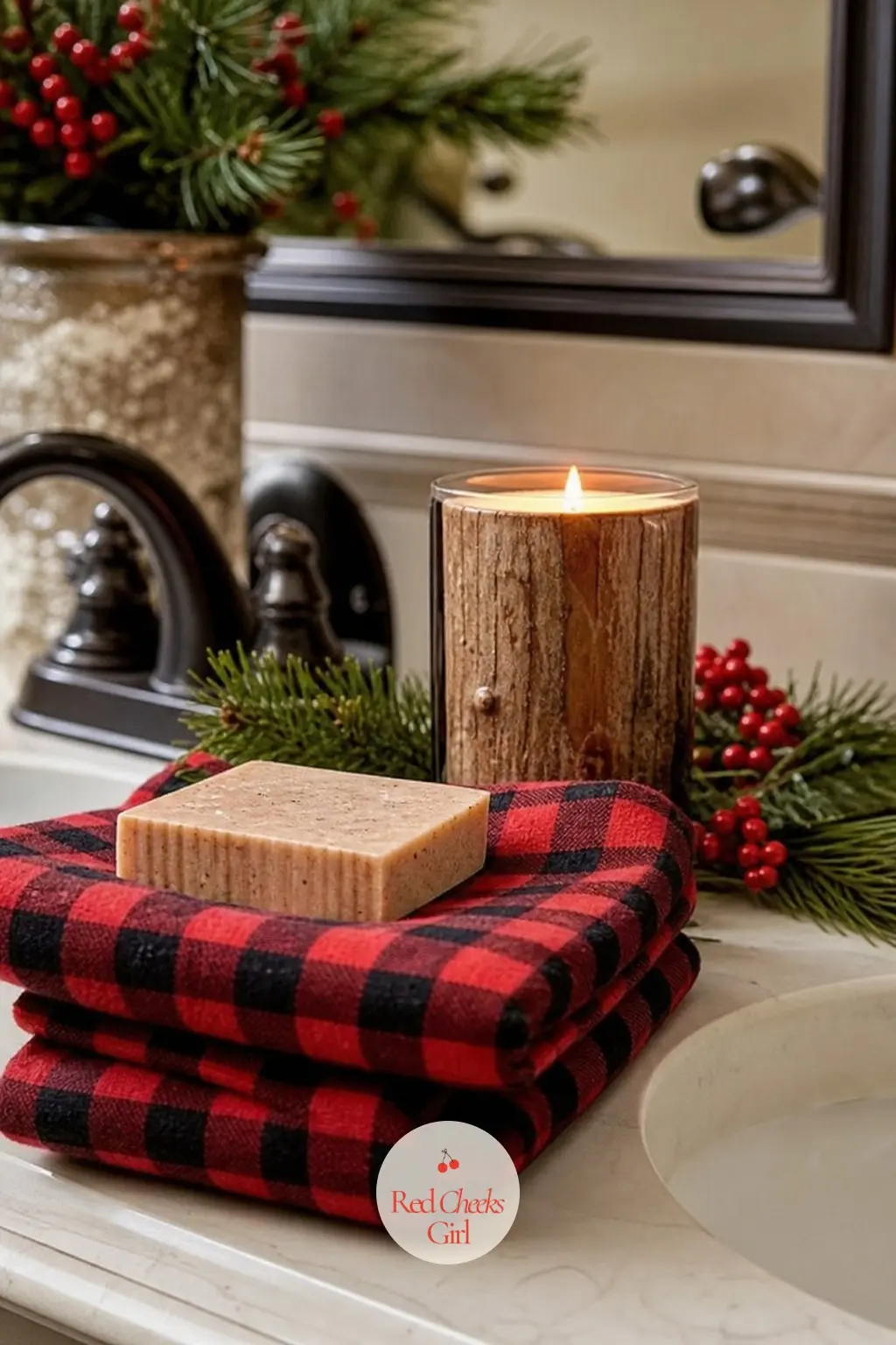 The Powder Room Stocked With Plaid Hand Towels And A Cedar Candle — A small room gets the smallest version of the theme: one set of plaid hand towels, a bar of