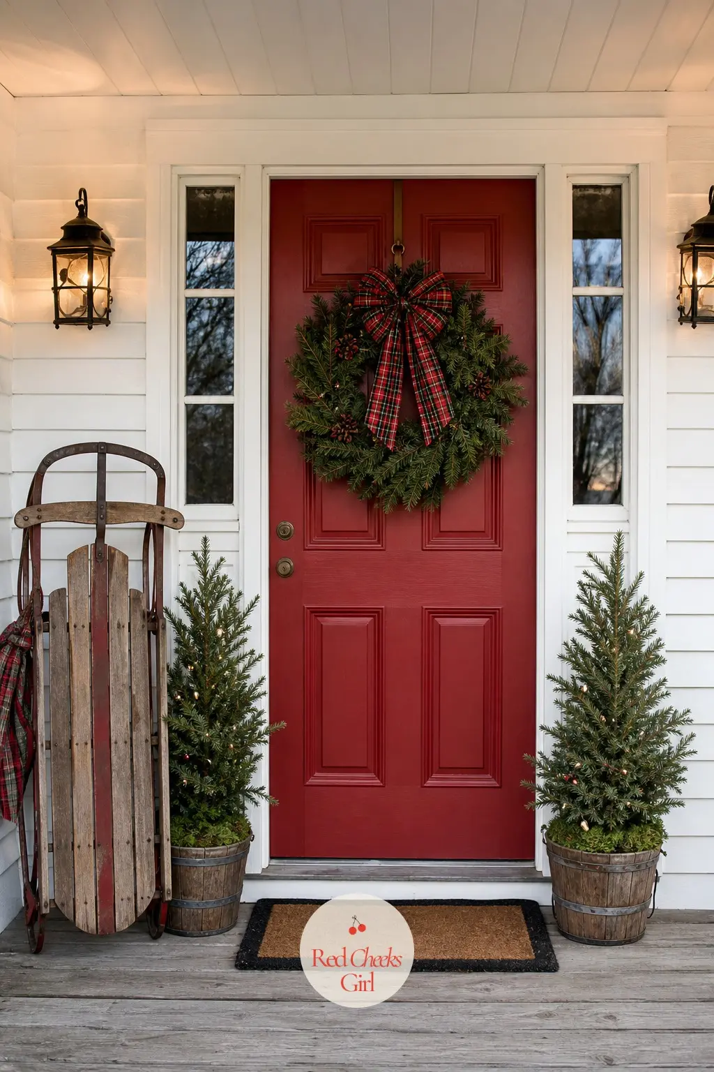 A Red Door Flanked By A Wooden Sled And Twin Potted Trees — A full size wooden sled leaning against the porch wall is the one place in the whole house where