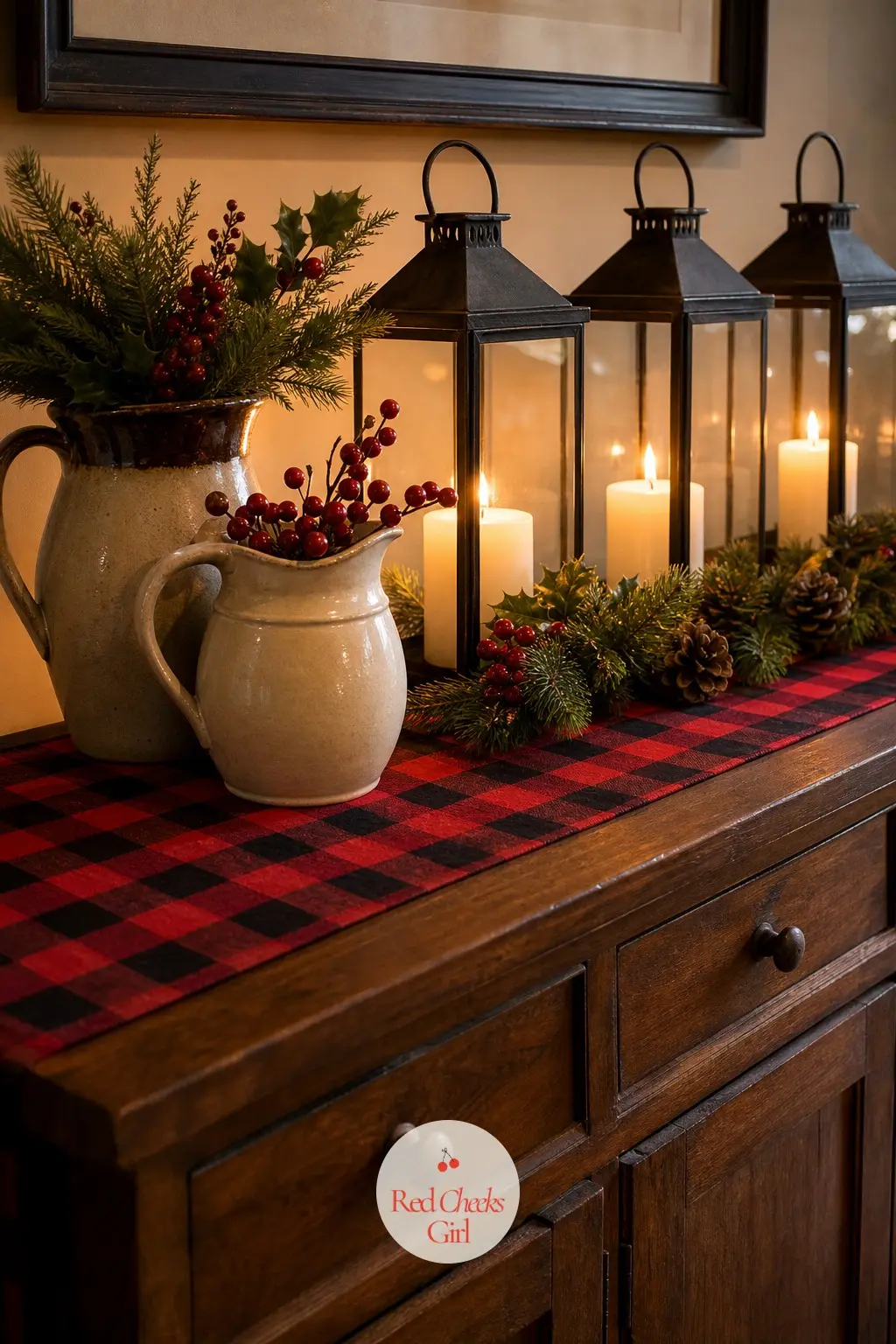 The Sideboard Styled With Stoneware Pitchers And A Row Of Lanterns — A dining room sideboard holding drinks for the evening gets a plaid runner of its own