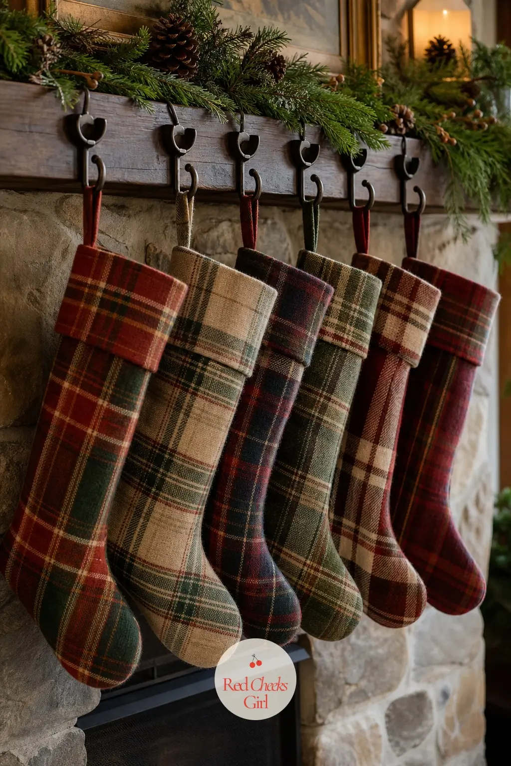 Six Plaid Stockings Hung From Oil Rubbed Bronze Hooks — Six stockings in plaid wool, hung from bronze hooks rather than anything tied on with cord, keep the