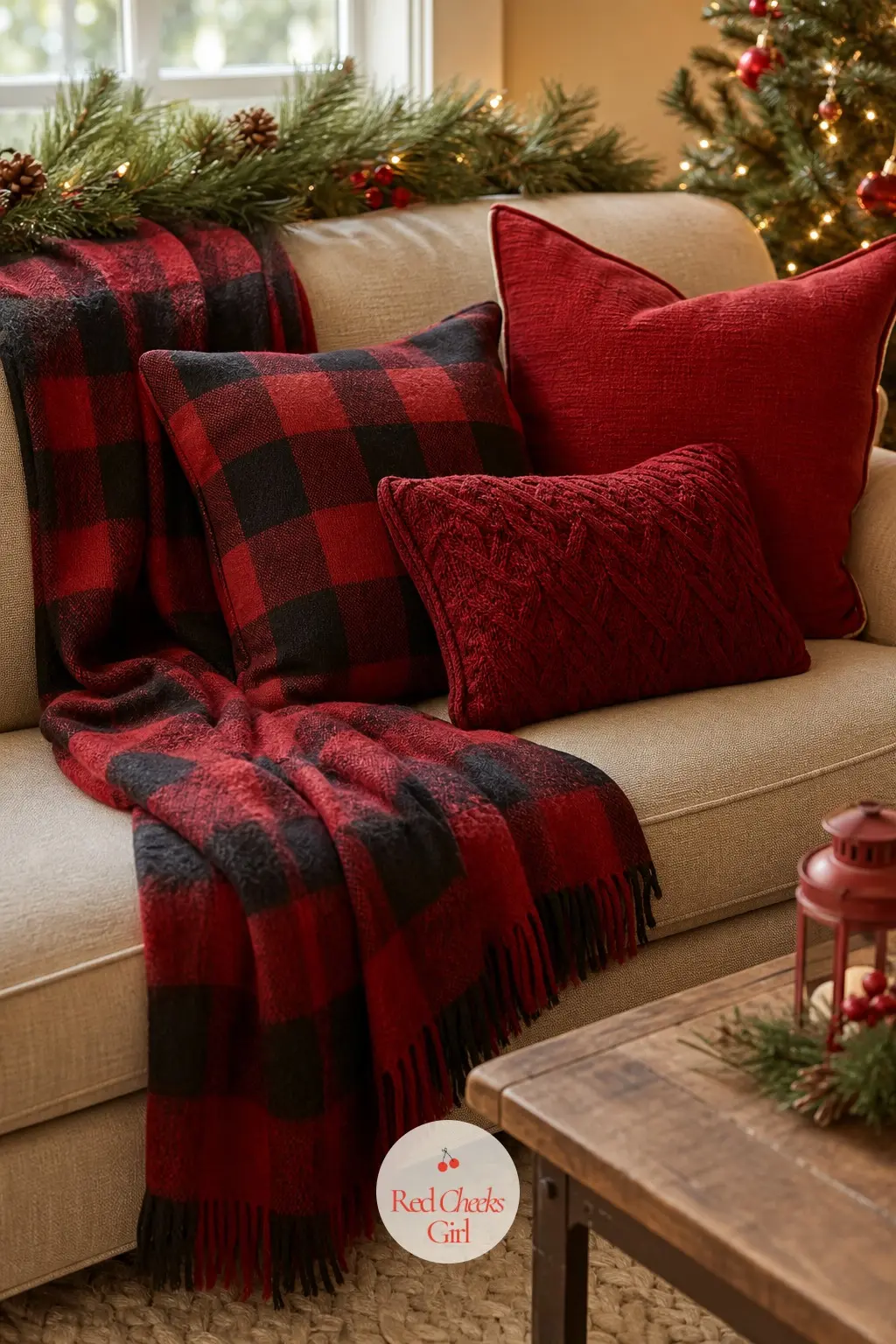 The Sofa Layered In Buffalo Plaid Throws And Barn Red Pillows — Drape one plaid throw over the sofa arm instead of folding it flat, then add two barn red