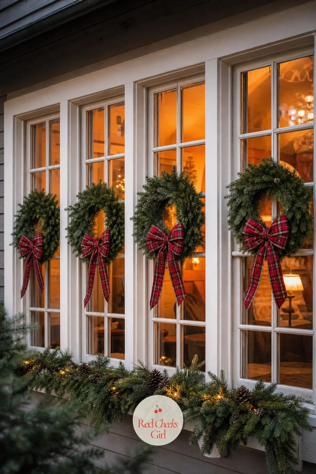 A Wreath For Each Of 4 Front Windows — Four matching wreaths across the front windows read as one gesture from the street, which is the whole point: a single