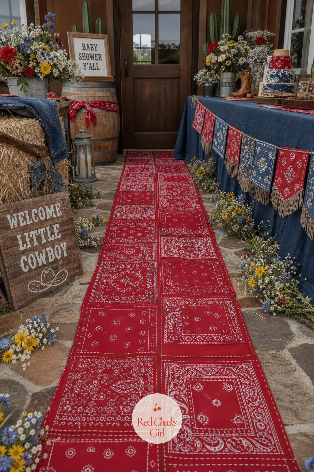 Bandana Runway To The Door — Instead of a doormat, lay a narrow runner of stitched bandana fabric from the first step to the threshold. Cowboy baby shower