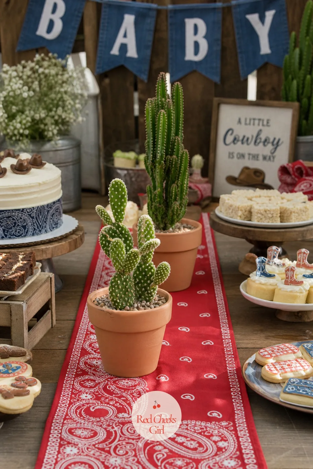 Bandana Table Runner With Potted Cacti — Instead of a tablecloth, a length of bandana fabric down the center of the dessert table gives the whole spread a