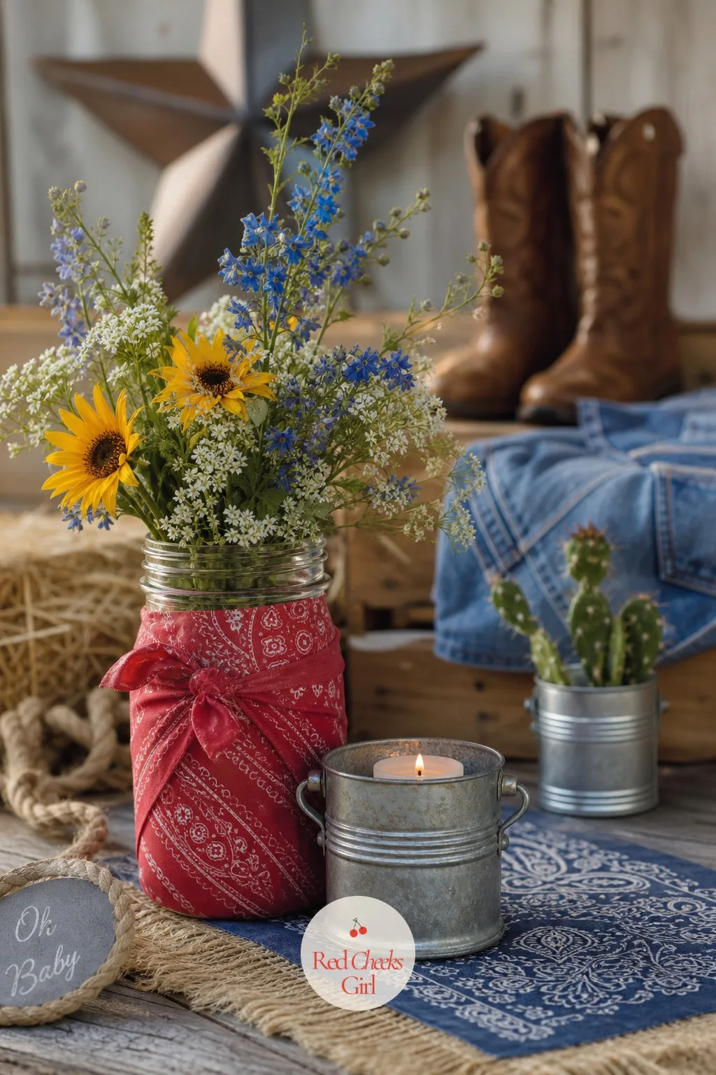 Bandana-Wrapped Jar With Tin Cup Candle — Wrap a plain mason jar in a square of bandana fabric, cinched at the neck with a length of cotton string, and fill it