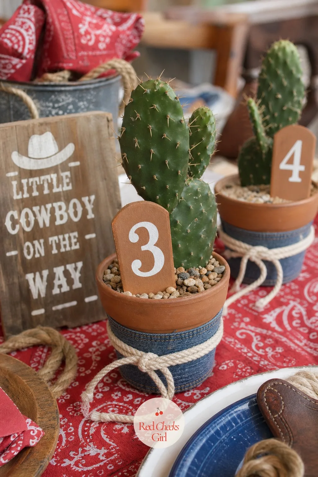 Cactus Pot Table Number Stakes — A small wood stake, numbered in simple paint, pushed straight down into the soil of each table's potted cactus, turns the